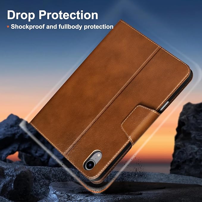 Gexmil Premium Leather Case for iPad mini 7 (A17 Pro) 2024 / iPad mini 6 Generation 2021 8.3 InchPencil Holder Magnetic ClosureShockproof Cowhide CoverAdjustable StandYellow Brown
