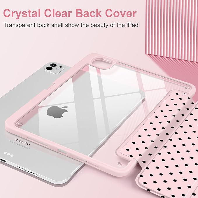 Case for iPad Pro 11 Inch (M5 2025 M4 2024) – [Built-in Pencil Holder] Shockproof &amp Stylish Clear Hard Back + Soft TPU Edge Magnetic Trifold Stand Auto Wake/Sleep Pink Polka dot