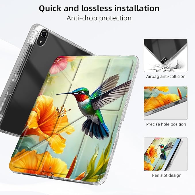 for iPad mini 7 A17 Pro 2024/iPad Mini 6 2021 Case with Pencil HolderFoldable Y-Shaped CoverStylish Clear Multi-Angle Viewing&ampAuto Sleep/Wake Hummingbird Flowers Tablet Case