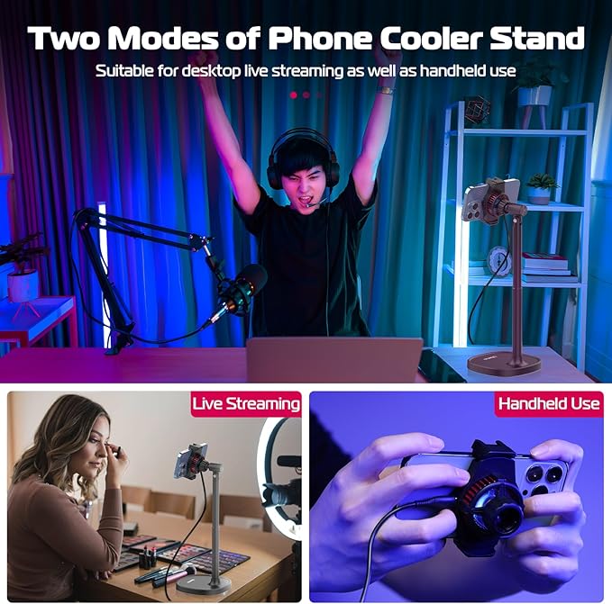 ULANZI SK-06 Cell Phone Stand with Phone Cooler Desktop Phone Live Streaming Solution with Phone Cooling Fan Height Adjustable Phone Cooler Stand Compatible with All Mobile Phones iPhone &amp Andr