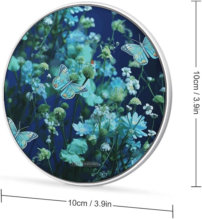 Green Butterfly and Blue Flowers Wireless Charger Fast Wireless Charging Pad with USB Cable 10W Anti-Slip Magnetic Wireless Charger Portable Slim Charger Puck Travel Charging Station