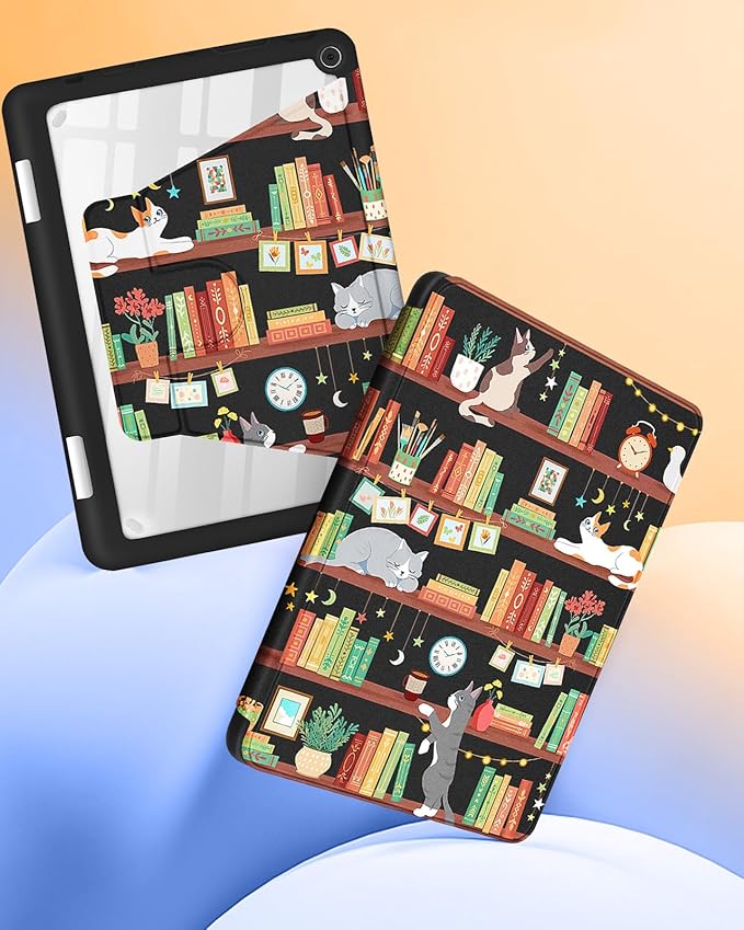 Kidcube for Kindle Fire HD 10/10 Plus Tablet Case - 13th/11th Generation (2023/2021) 10.1 Women Girls Cute Girly Cat Design TeensRotating Stand Pencil Holder Folio Cases for Amazon Fire HD 10/10 Plus