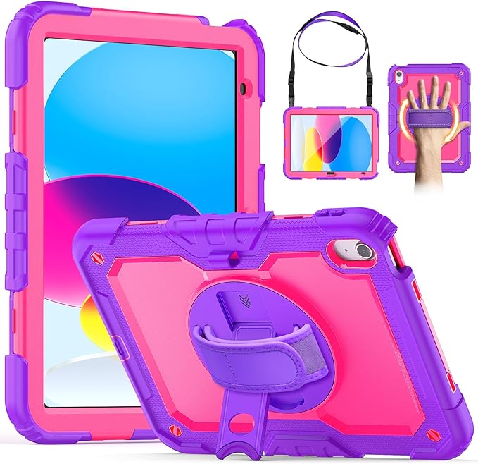 Kids Case for iPad (A16) 11th/10th Generation 11''/10.9'' 2025/2022: Shockproof Protective Case with Hand/Shoulder Strap Pencil Holder Rotate Stand Screen Protector