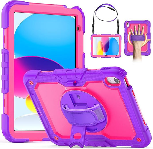 Kids Case for iPad (A16) 11th/10th Generation 11''/10.9'' 2025/2022: Shockproof Protective Case with Hand/Shoulder Strap Pencil Holder Rotate Stand Screen Protector