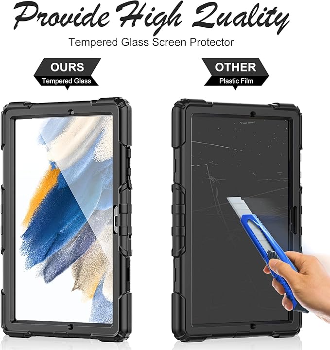 Case for Samsung Galaxy Tab A8 5G Tablet Case 10.5 inch [with Tempered Glass Screen Protector] Rotatable Kickstand S Pen Holder Hand/Shoulder Strap (Black)