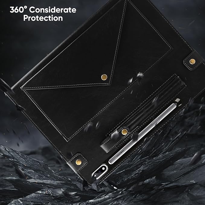 Tablet Carrying Shoulder Bag Case for Samsung Galaxy Tab S9 FE/S9/S8/S7 11 Retro PU Leather Hand Strap Crossbody Shoulder Strap Cards Holder Pocket S Pen Holder Stand Protective CaseBlack