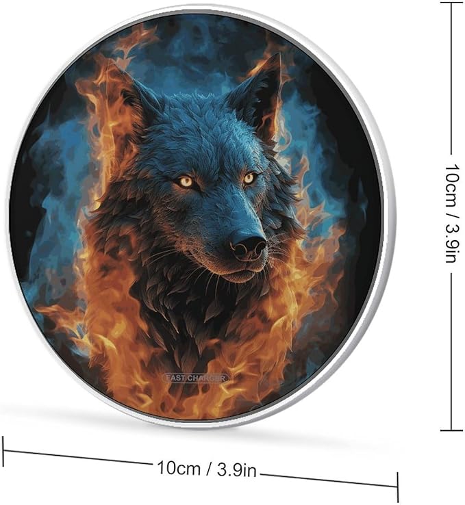 Wolf Head in Blue Flames Wireless Charger Fast Wireless Charging Pad with USB Cable 10W Anti-Slip Magnetic Wireless Charger Portable Slim Charger Puck Travel Charging Station