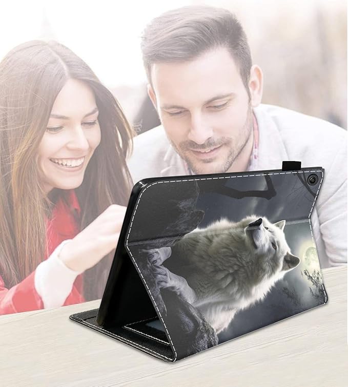Case for Amazon Kindle Fire 7 Tablet (7 9th/7th Generation 2019/2017 Release) Slim PU Leather Cover with Card Slot &amp Auto Wake/Sleep White Wolf