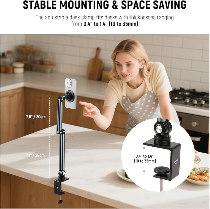 NEEWER Basics Magnetic Cell Phone Holder Stand for Desk &amp Bed Tension Adjustable Overhead Desk Mount Compatible with MagSafe iPhone 16 15 Pro Max Plus 14 13 12 for Video Recording Filming PA089