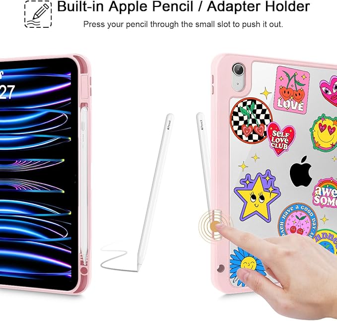 May Chen Case for iPad Air 13 Inch M4 2026 M3 2025 M2 2024 [Built-in Pencil Holder] Shockproof Cover with Clear Transparent Back Shell Auto Sleep/Wake Cover Groovy