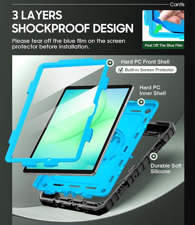 Cantis Case for Samsung Galaxy Tab A11 Plus 11 Inch 2026 (SM-X230/X236/X238) Shockproof Case for Tab A11+ with Screen Protector/Rotating Stand/Pen Holder/Shoulder Strap Black+Blue