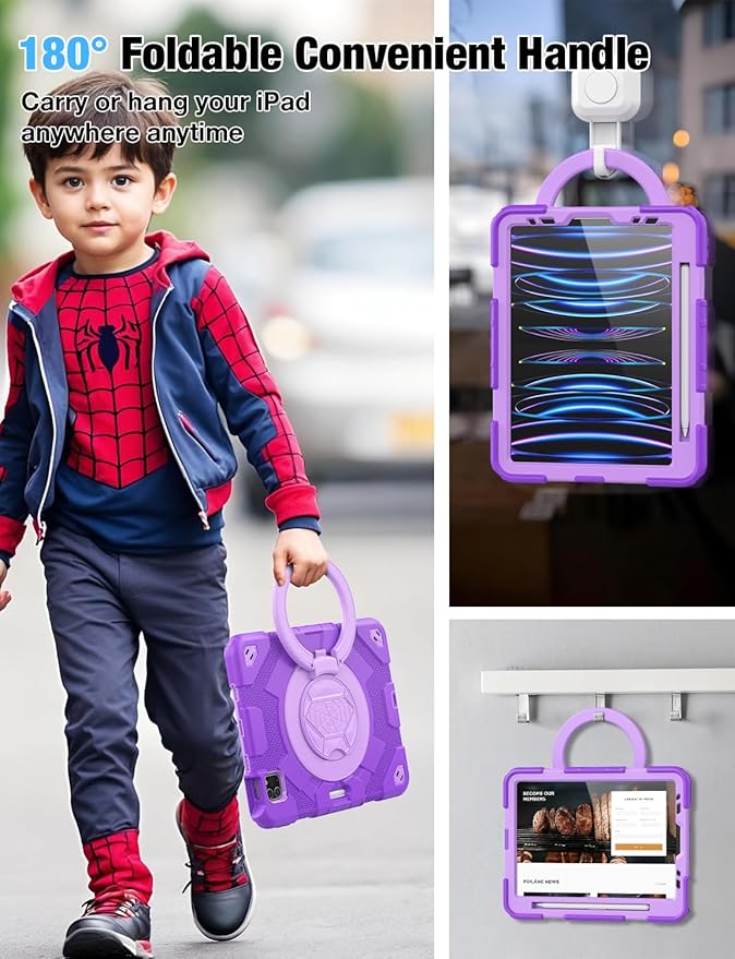 SCSVPN Kids Case for iPad Air 5th/4th Generation 10.9-inch 2022/2020 &amp iPad Pro 11'' 4th/3rd/2nd/1st Gen 2022 2021 2020 2018 Protection Case with Pencil Holder Stand Handle Shoulder Strap Purp