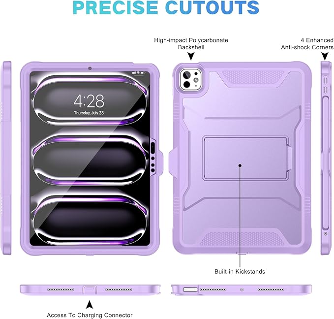 Soke Case for iPad Pro 11 Inch (M5) 2025/ (M4) 2024 with Built-in Screen Protector &amp Kickstand Rugged Full Body Heavy Duty Protective Cover with Pencil Holder - Violet