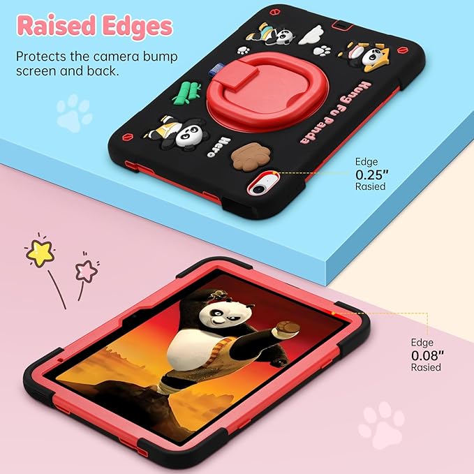 for iPad (A16) 11th Generation Case Kids iPad 10th Generation with Screen Protector Rugged Protective Cartoon 3D Panda Warrior Cover with Rotating Stand/Strap/Pen Slot for Kids Teens (Black+Red)
