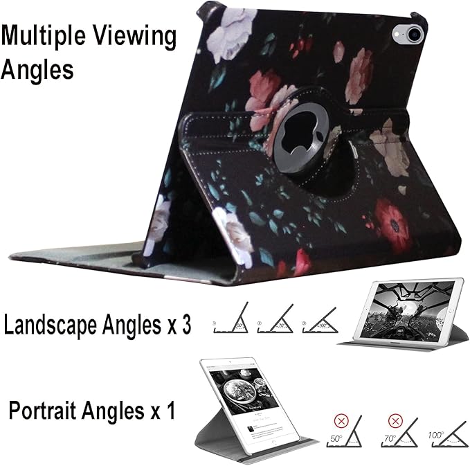 Case for iPad A16 11-inch (11th Gen 2025) for 2022 iPad 10th Generation 10.9 inch Rotating Stand Smart Magnetic Cover for Model A3354 A3355 A3356 A2696 A2757 A2777 (Black Flower)