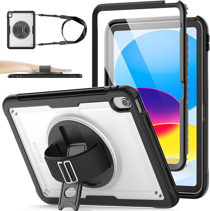 SEYMAC stock Case for iPad A16 11-inch Case 2025/ for iPad 11th/ 10th Generation 10.9'' 2022 Protective with Screen Protector Pen Holder Rotate Stand Loop Nylon Hand Strap Shoulder Strap Clear