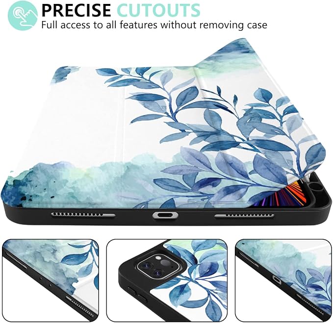 DONGKE Case for 2022/2021/2020/2018 iPad Pro 11 inch Gen 4/3/2/1 - Slim Protective Case - Built in Pencil Holder Support Charging - Trifold Stand &amp Sleep/Wake Cover - Watercolor Blue Floral