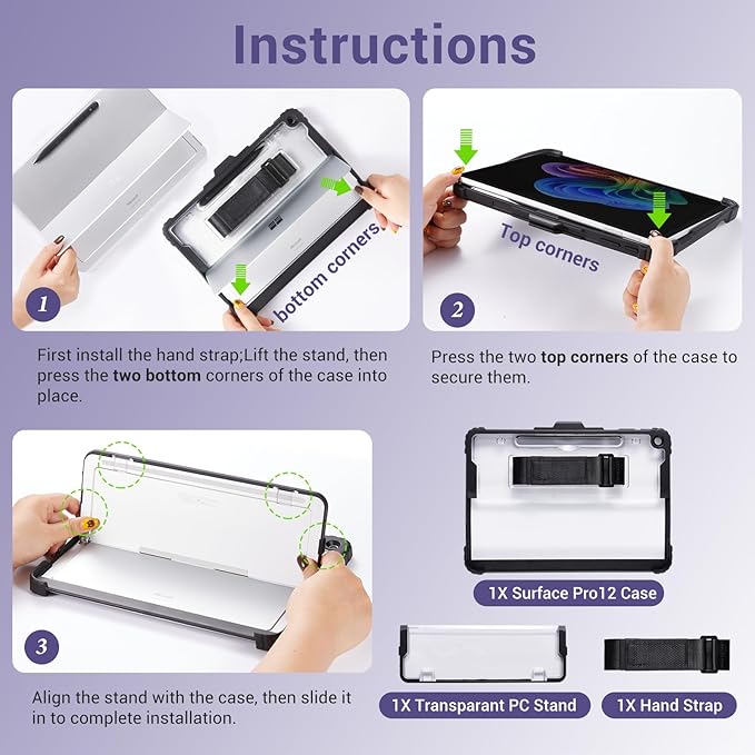 CoBak Rugged Case for Microsoft Surface Pro 12 2025 Shockproof Protective Cover with Hand Strap Multi-Angle Kickstand Built-in Stylus Holder Compatible with Type Cover Keyboard Clear Violet