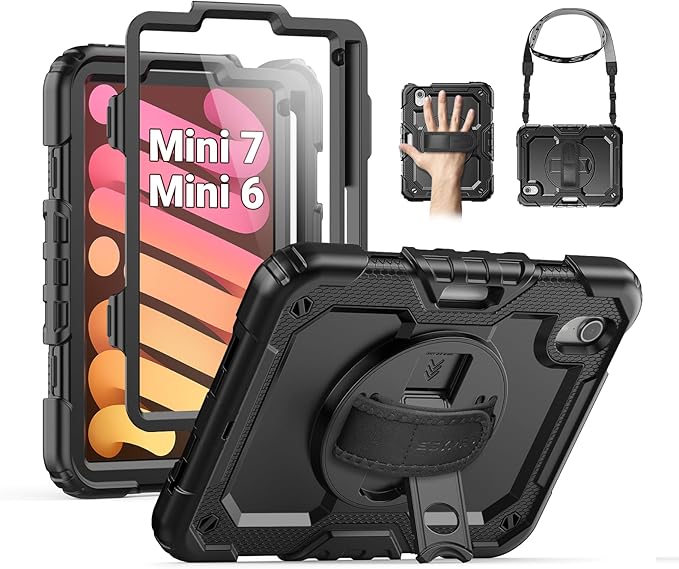 SEYMAC Case for iPad mini 7 (A17 Pro) 2024/ Mini 6 8.3″ Full-Body Shockproof Protective Case with Screen Protector 360° Rotating Stand Hand/Shoulder Strap for iPad mini 7th/ 6th Generation Black