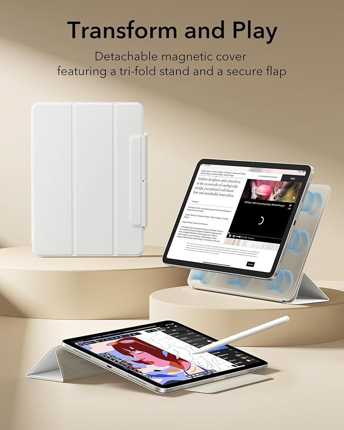 ESR for iPad Air 13 Inch Case M4/M3/M2 (2026/2025/2024) iPad Pro 12.9 Case Powerful Magnetic Attachment Slim Trifold Stand Case Supports Pencil Pro/USB-C Rebound Series Brilliant White