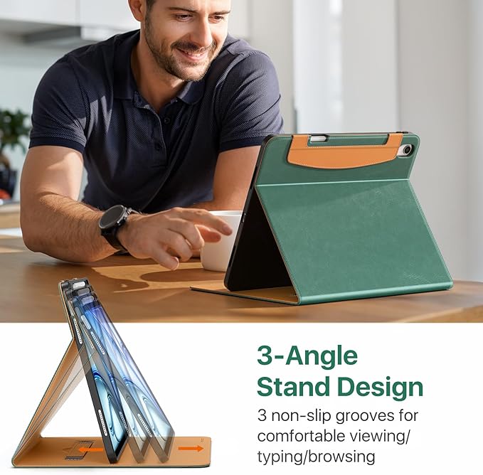 MoKo Case for iPad Air 13-inch (M4) 2026 / (M3) 2025 / (M2) 2024 with Pencil Holder &amp Hand Strap &amp Pocket Premium Leather Folio Stand Cover Multiple Viewing Angles Green