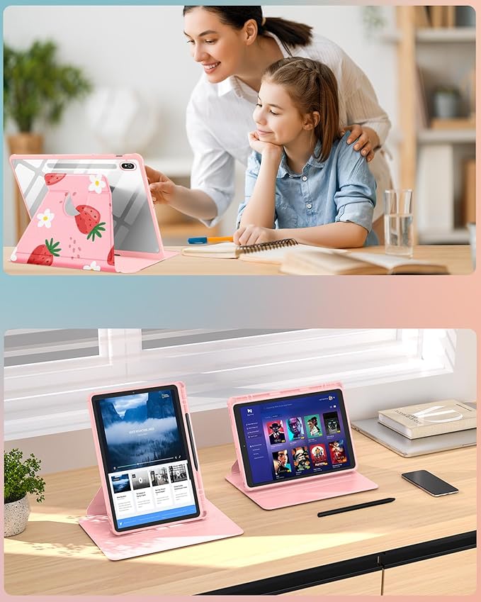 for Samsung Galaxy Tab S10 Fe Case - Tab S9 Fe/S9 Case with Pencil Holder Women Girls Cute Girly Pretty Strawberry Flowers Unique Aesthetic Design Teens Rotating Tablet Cases Cover