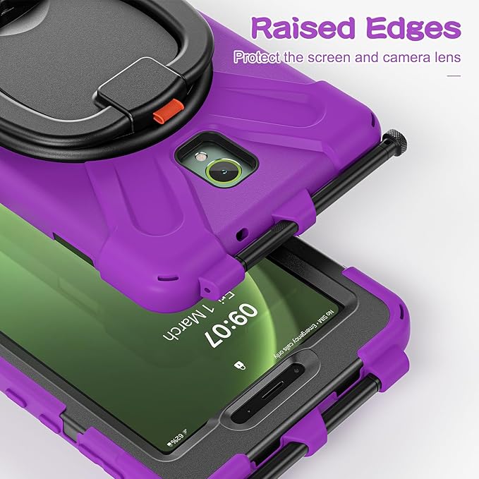 Rugged Case for Samsung Galaxy Tab Active5 5G (SM-X306B/X300) w/ 360° Rotating Hanging Ring Handle Grip Kickstand Heavy Duty Shock-Proof Armor Cover w/Shoulder Strap Stylus Holder (Purple)