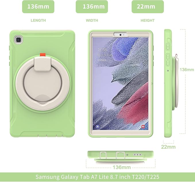 Shockproof Case for Samsung Galaxy Tab A7 Lite 8.7 Tablet Techcircle Rotating Stand Handle Heavy Duty Bumper Hybrid Cover Protective Case for Galaxy Tab A7 Lite (2021) SM-T220/T225 Matcha Green