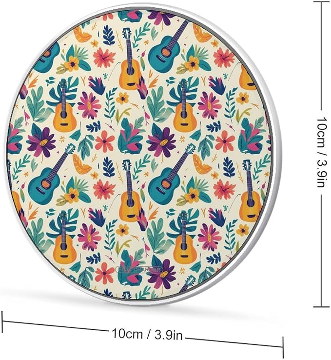 Tropical Colorful Guitar and Floral Wireless Charger Anti-Slip Wireless Charging Pad Slim Charger Mat for Men Women