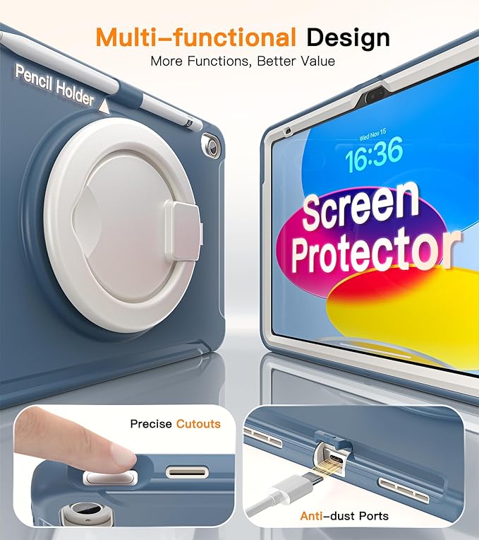 BATYUE Shockproof Case for iPad 10th Gen 10.9 2022 / 11th Gen (A16) 11 2025 | 360° Multi-Angle Stand (Portrait &amp Landscape) &amp Grip Built-in Screen Protector Pencil Holder Dusty Blue