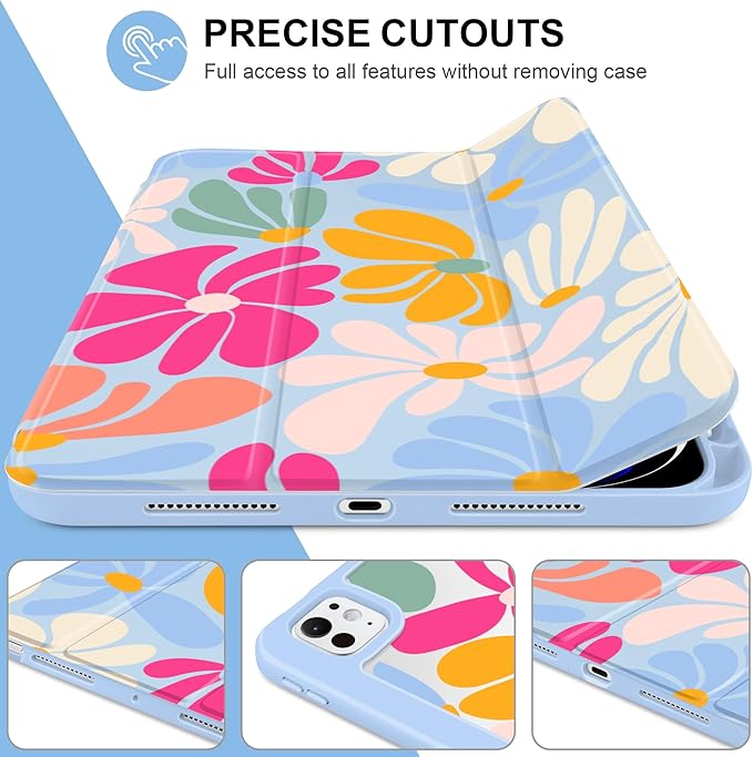 MecBevia Case for iPad Pro 11 inch M5 2025 / M4 2024 (6th/5th Gen) A3357 A3358 A3359 A2836 A2837 A3006 – Built-in Pencil Holder &amp Auto Wake/Sleep ColorfulFlowers