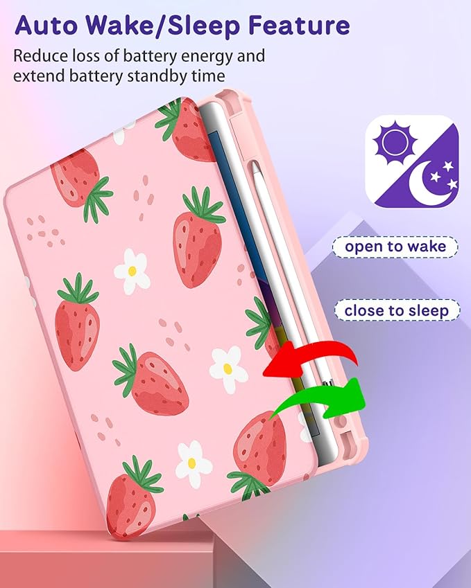 Kidcube for iPad Air 13 Inch Case M3 2025/M2 2024 for iPad Pro 12.9 Cases (2022/2021/2020/2018) - Women Girls Kids Cute Folio Cover with Pencil Holder Girly Strawberry Design Rotating Stand Pretty