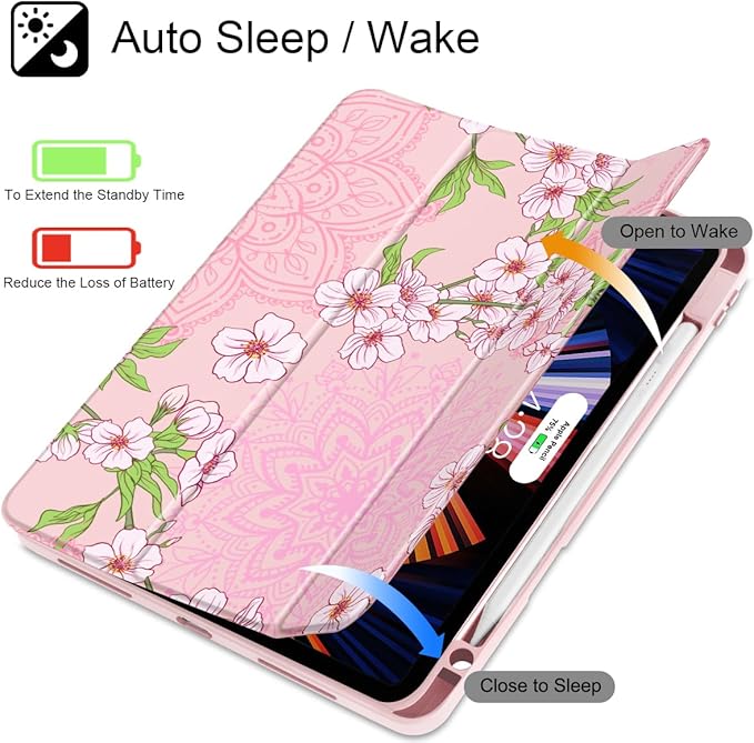 Mektron Case for iPad Pro 11 inch Case M2 2022 Generation 4th Fit 2021 2020 2018 iPad Pro 11 (3rd 2nd &amp 1st Gen) -Buit in Pencil Holder with Shockproof Cover Clear Shell Blossom Sakura-Pink