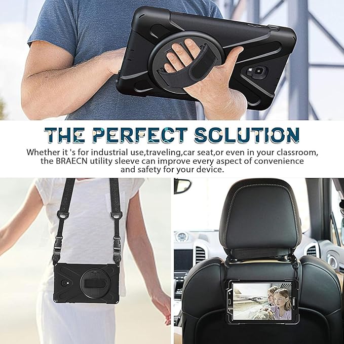 Case for Samsung Galaxy Tab A 8.0 Released 2017 Tablet SM-T380/SM-T385 360 Rotating Kickstand Hand Shoulder Strap Shockproof Rugged Kids Cover Black
