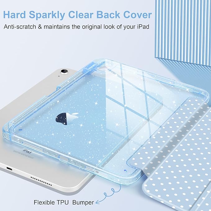 MEEgoodo Case for iPad A16 11th Generation 2025/10th Generation 2022 Glitter Tablet Cases with Transparent Acrylic Back+Trifold Stand +Pencil Holder+Auto Wake/SleepBlue &amp Polka Dots
