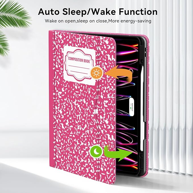 Case for New iPad Pro 12.9 inch 6th/5th/4th/3rd Generation 2022/2021/2020/2018 12.9'' ipad Pro Leather Cover 6/5/4/3 Gen with Pencil Holder Auto Wake/Sleep Composition Book Pink