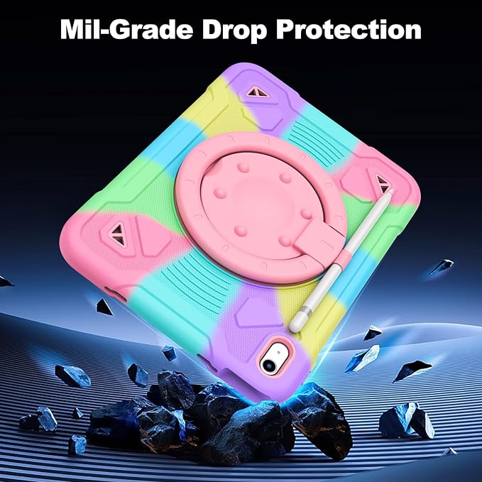 for iPad (A16) 11th Generation 11 Inch (2025) / iPad 10th Gen 10.9 Inch (2022) Cute Kids Case 360 Rotating Handle Stand Strap Case Heavy Duty Shockproof Soft Silicone Girly Cover Purple