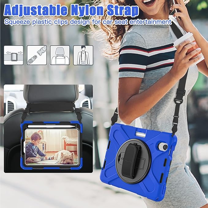 ZenRich Shockproof Case for iPad mini 7 (A17 Pro) 2024/ iPad mini 6th 2022 Heavy Duty Rugged Case with Pencil Holder/360°Rotating Kickstand/Handle/Carrying Shoulder BeltBlue