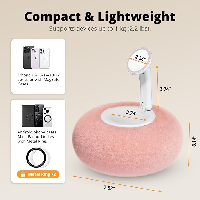 Magnetic Phone Pillow Stand Phone Holder for BedLapDesk Cozy Pillow Stand with Snack Bowl and 2 Magnetic Rings Compatible with 3.5-7 iPhoneE-Reader Kindle Pink