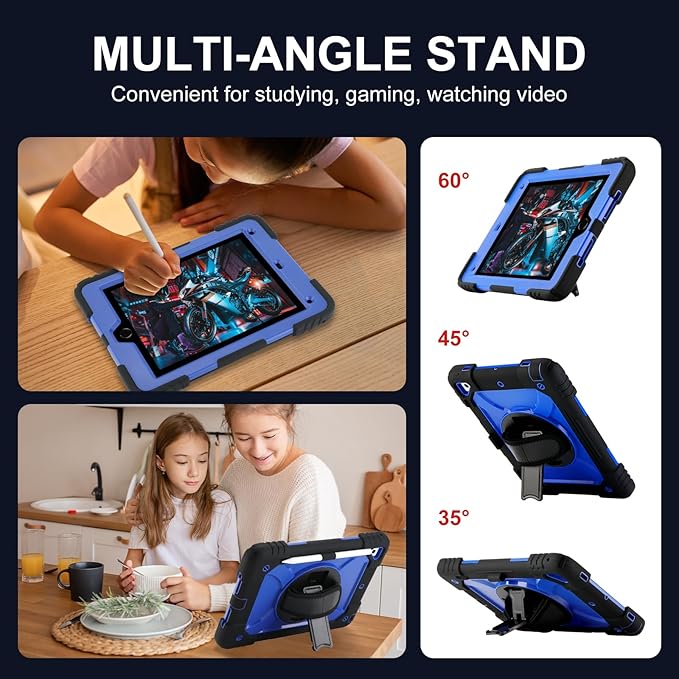 for iPad 6th Generation/iPad 5th Gen/iPad Air 2/iPad Pro 9.7 Case with Cute Key Chain Rugged Protective Case with Rotating Stand &amp Shoulder Hand Strap for iPad 6th/5th/ Air 2 (Black+Blue)