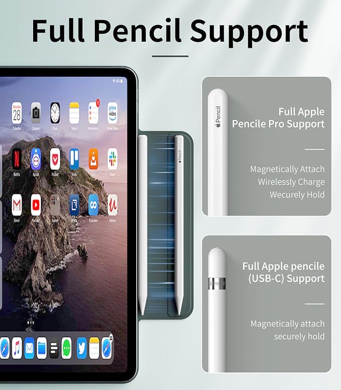 Magnetic Case for iPad Air 13 Inch M3/M2 (2025/2024) iPad Pro 12.9 inch 6th/5th Generation (2022/2021) | Auto Sleep/Wake | Pencil Pro &amp USB-C | Non-Slip PU Leather Protective CoverDark Green