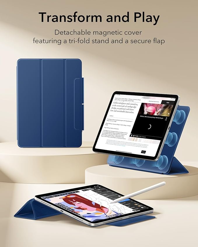 ESR for iPad Air 11 Inch Case M4/M3/M2 (2026/2025/2024) iPad Air 5th/4th Gen (2022/2020) Powerful Magnetic Attachment Slim Trifold Stand Case Auto Wake/Sleep Durable Protection Navy Blue