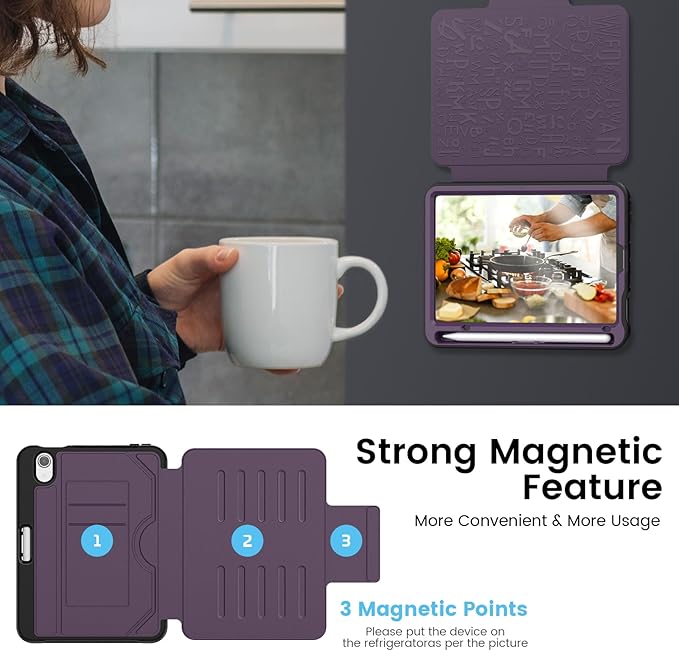 Case for iPad mini 7 (A17 Pro) 2024/ Mini 6 2021 8.3 Inch: Shockproof Rugged Protective Cover with Pencil Holder Auto Wake/Sleep Magnetic Multi-Angles Stand Card Slot Purple