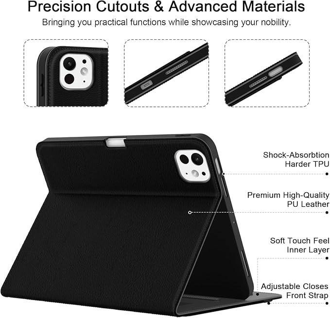 Case for iPad Pro 11 inch (M5/M4) 2025/2024 Multi-Angle PU Leather Cover for i Pad Pro 11 with Pencil Holder/Hand Strap/Pocket Auto Wake/Sleep Black