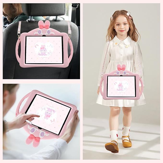 for iPad A16 Case/10th Generation Case Girls Teens Cute Cartoon 10.9 Inch 2022 Tablet Cover with Adjustable Shoulder Straps and Handle Cute Rabbit Soft Silicone Tablet Cover(Pink)