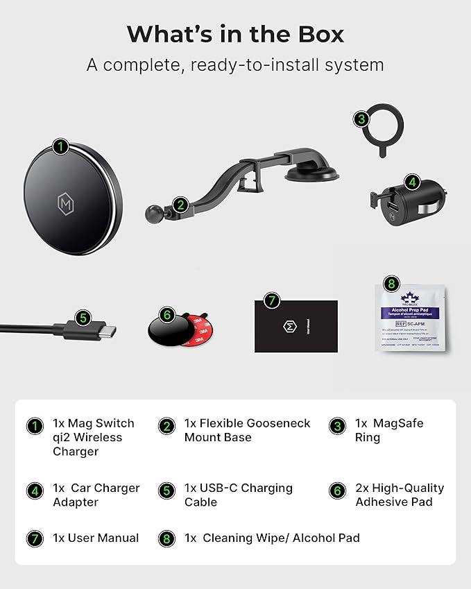 Mag Switch Qi2 Wireless Car Charger Gooseneck Mount 15W Fast Charger with Built in on/Off Switch for Smarter Charging Strong N52 Magnets Compatible with iPhone 14/15/16/17/Galaxy