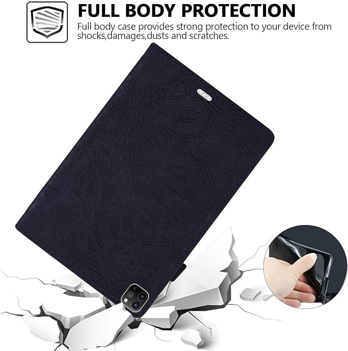 Folio Case for iPad Pro 11 2018-2022 iPad Air 11 2025/2024/Air 10.9 - Techcircle Stand Mandala Embossed PU Leather Soft TPU Cover with Elastic Strap Card Slots Pencil Holder - Black