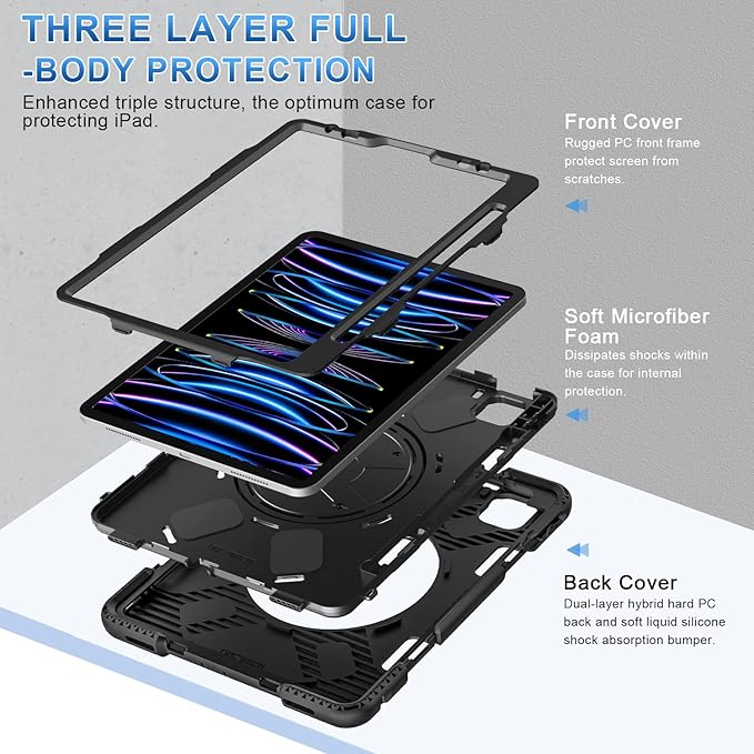 SUPFIVES 2022 iPad Pro 11 inch Case (4th Generation)Upgraded Military Grade Shockproof Silicone iPad Pro 11 4th/3rd/2nd Gen Cover Pencil Holder+ Handle+ Shoulder Strap+ Rotating Kickstand Black