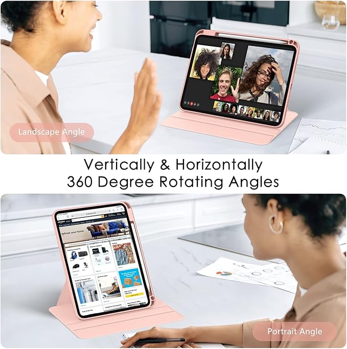 Soke Rotating Case for iPad (A16) 11th Generation 2025 iPad 10th Gen 2022 with Pencil Holder [Shockproof + Auto Sleep/Wake] 360 Degree Rotation Clear Back for iPad 11/10.9 - Rose Gold