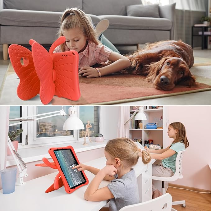 Dteck Fire HD 10 Tablet Case (2021/2023 Release 11/13th Generation) 3D Cute Butterfly Case for Kids Lightweight Stand Shockproof Rugged Heavy Duty Fire HD 10 Kids Pro Tablet Cover Red